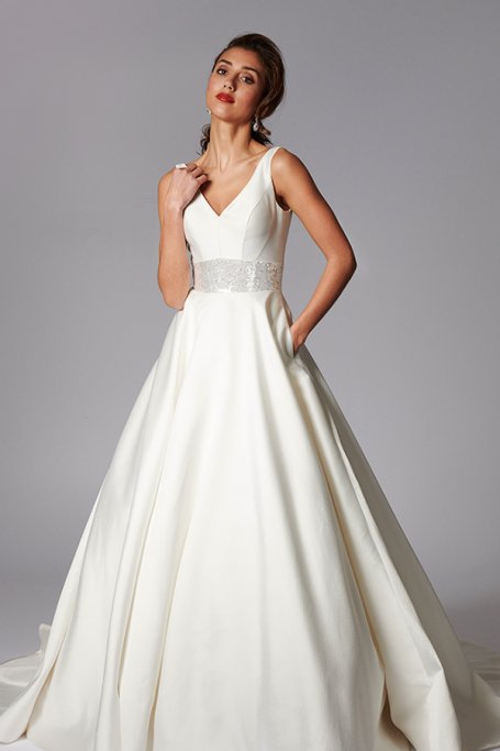 Marianna-front-v-neck-ballgown-mikado-satin-sequin-belt-pockets-simple-4